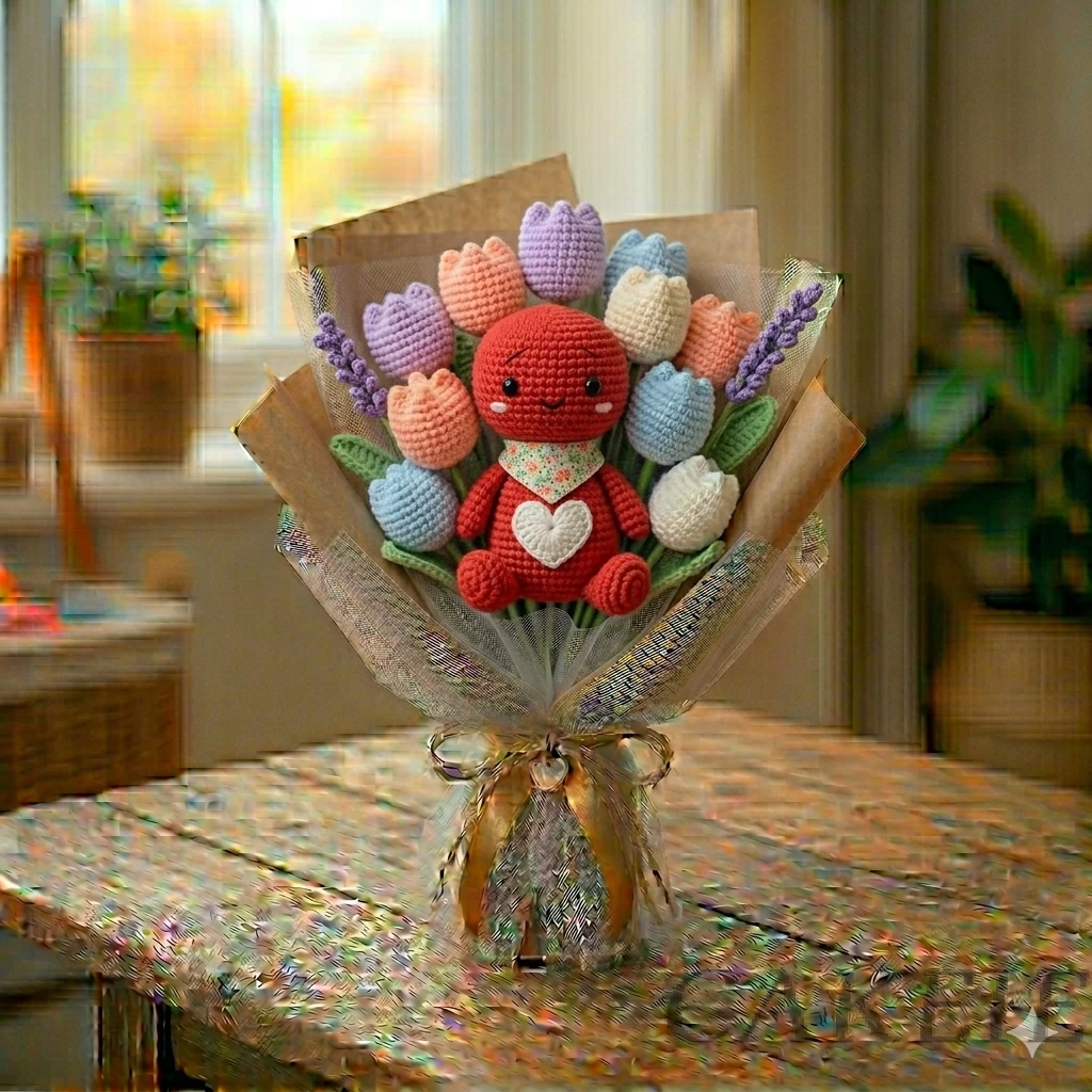 Crochet Tulip Bouquet with Heart Doll